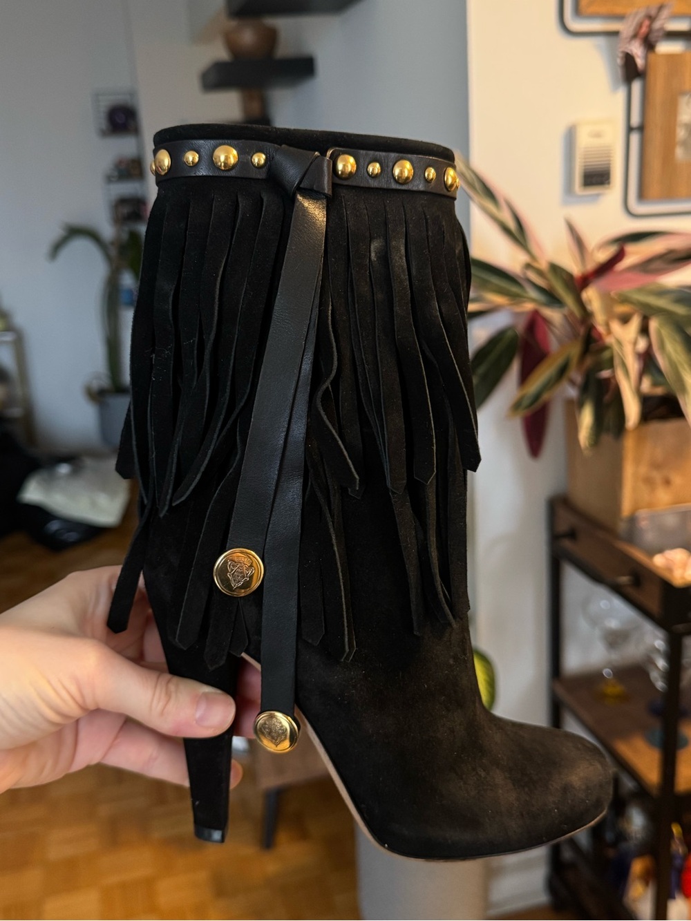 Gucci Black Suede Fringe Studded High-Heel Ankle Boots - Picture 1 of 4